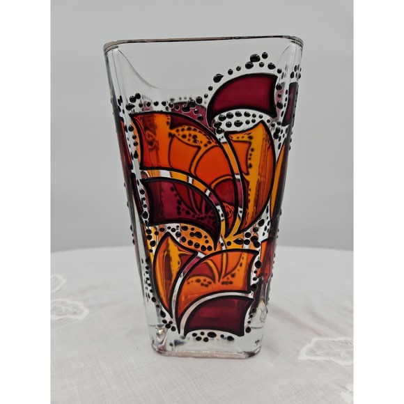 Handpainted German Stainglass Style Vase Black Orange And Maroon On Clear Glass - Picture 3 of 10